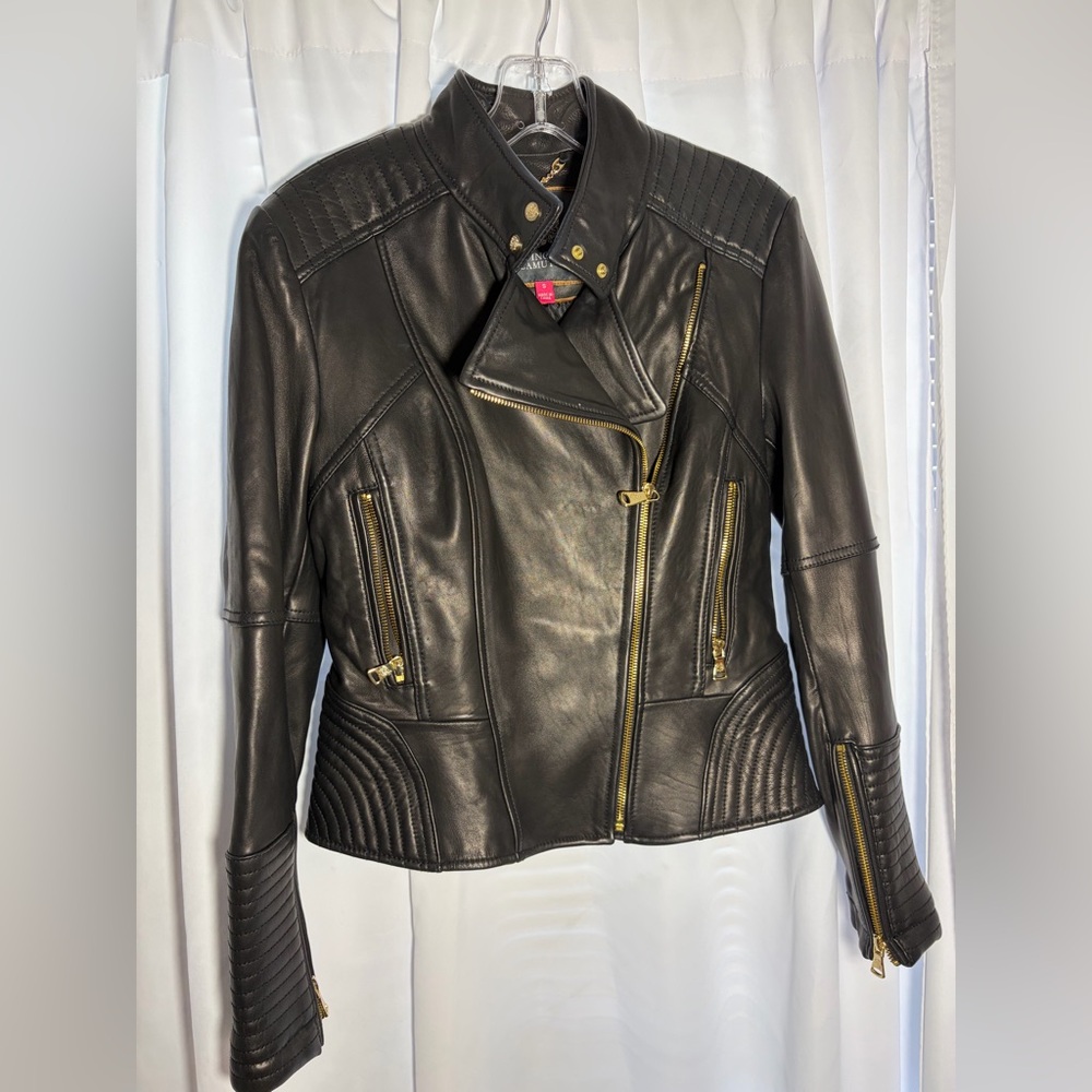 VINCE CAMUTO Black Motorcycle  Style Leather Jacket Sz Small